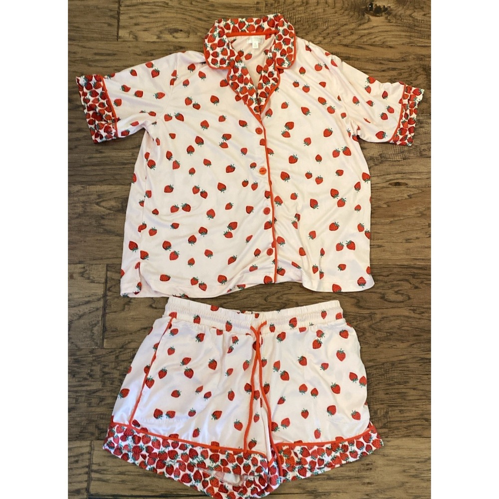 Beauty Sleep Social Pajama Short Set Strawberry Pattern Lounge Wear Sz Small
